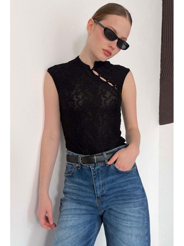 D 2997 KOLSUZ DANTEL BLUZ - SİYAH